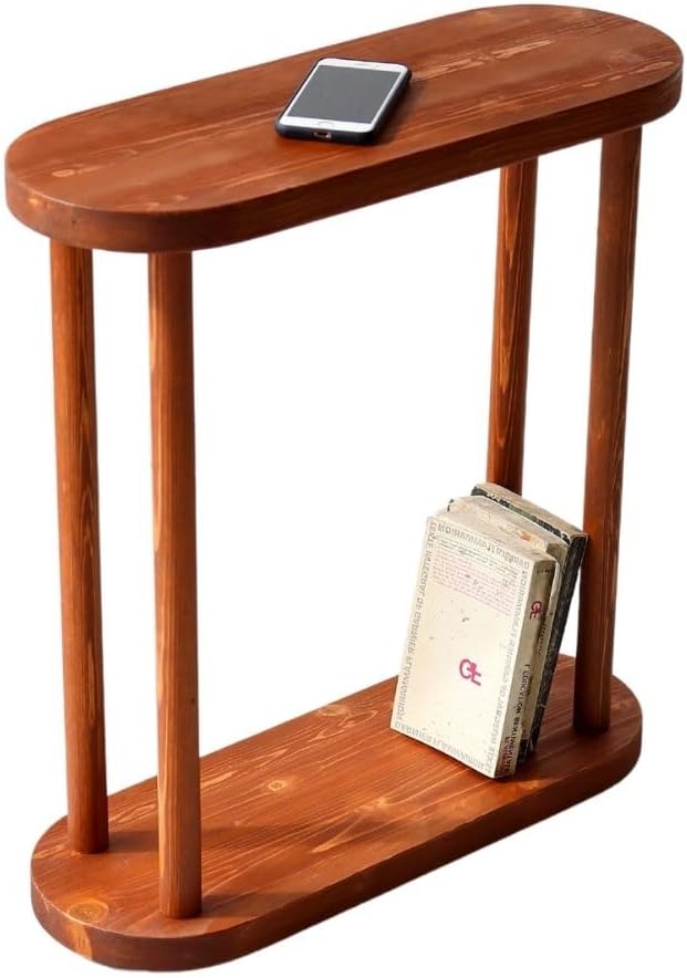 Oval Solid Wood Narrow Side Table, Slim Small Pedestal Coffee Table for Living Room, Modern Minimalist Design for Small Spaces, Recliner Drink Table (Chestnut, Medium)
