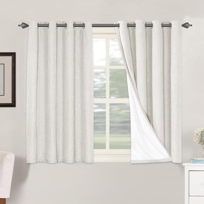 H.VERSAILTEX Primitive Linen Curtains 100% Blackout Curtain Drapes Burlap Fabric Curtains with White Thermal Insulated Liner, Grommet Top Drapes Living Room/Bedroom (2 Panels, 52 x 45 Inch, Ivory)