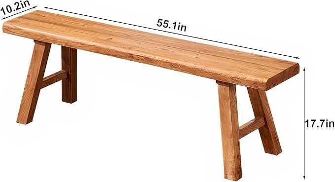 Farmhouse Wood Bench Indoor - 55.2Inch entryway Bench, Natural Solid Wood, Durable and Sturdy, Suitable for Dining Room, Bedroom, Porch and Other Narrow Spaces