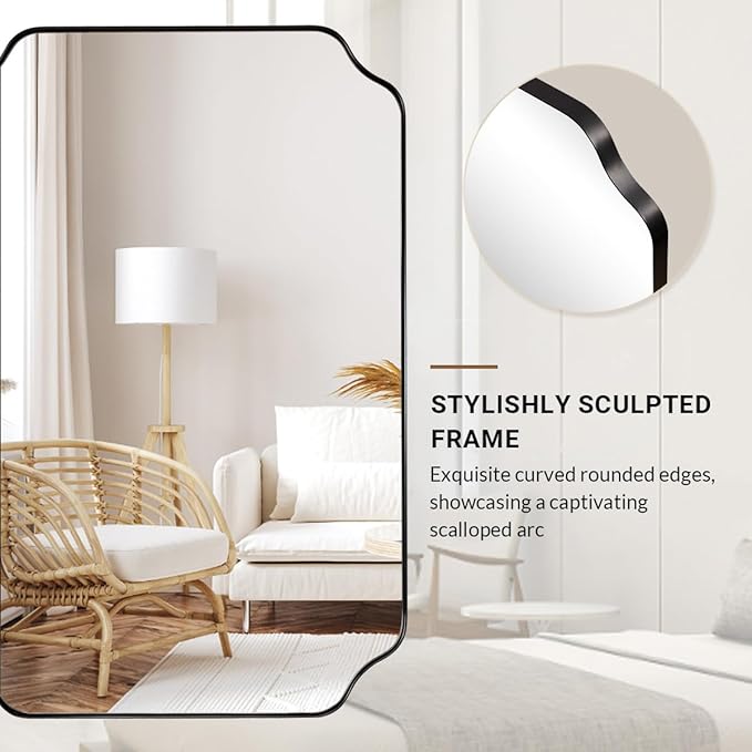 ANDY STAR Bathroom Vanity Mirror, 24x36 Inch Matte Black Mirror, Modern Rectangle Mirrors for Bathroom, Asymmetrical Wall Mirror with Scalloped Round Corner