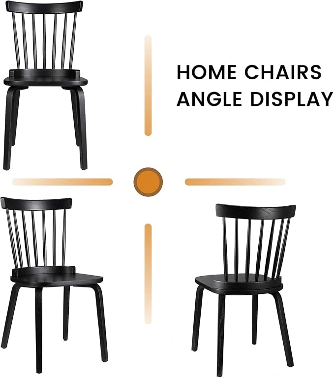 Unovivy Wood Dining Chairs Set of 4, Farmhouse Spindle Back, Widen Seat, Modern Mid-Century Country Style, for Living Room Restaurant, Black