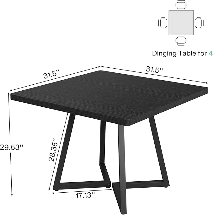 Tribesigns Square Dining Table for 6, 31.5" Industrial Dinner Table with Metal Base, Kitchen Table for Dining Room, Small Space, Apartment, Black