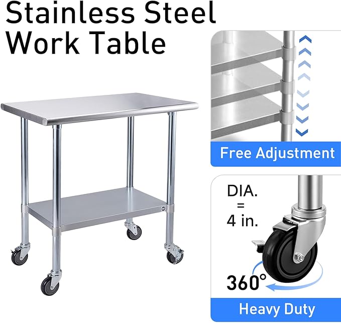 ROCKPOINT Stainless Steel Table for Prep & Work with Caster Wheels 30x30 Inches, NSF Commercial Heavy Duty Table with Undershelf and Legs for Restaurant, Home and Hotel