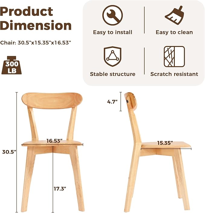 DELAVIN Soild Wood Dining Chairs Set of 2, Oak Wood Kitchen Chairs, Mid Century Modern Dining Room Chairs, Natural