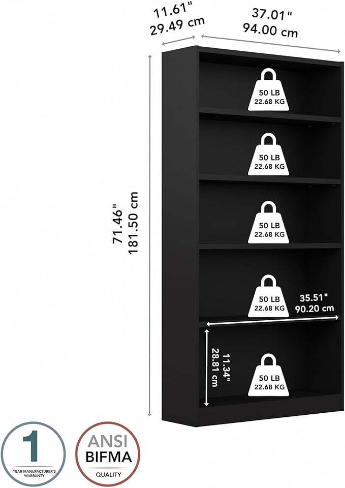 Bush Furniture Universal Tall 5 Shelf Bookcase in Black, Vertical Storage and Display Bookshelf for Home Office or Living Room Organization