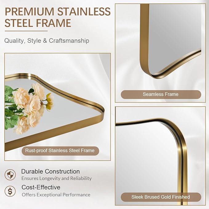 ANDY STAR Gold Mirror, 24x36 Irregular Wall Mirror, Gold Antique Bathroom Vanity Mirror, Brass Mirrors for Wall, Asymmetrical Mirror in Rust-Proof Stainless Steel Metal Frame, Wall Mount Vertically
