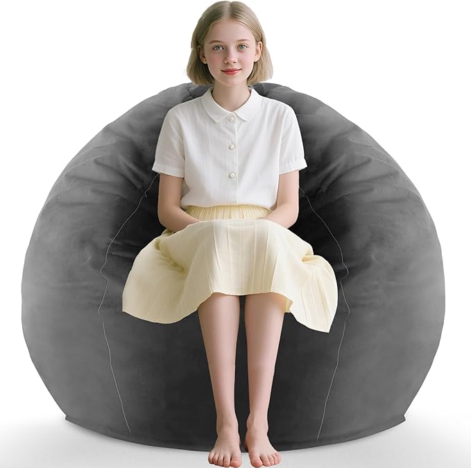 2FT Bean Bag Chair, Comfy Bean Bag Chairs with Memory Foam Filled, Fluffy Beanbag Sofa with Dutch Velvet Cover, Teardrop BeanBag Chairs for Living Room, Playroom - Grey