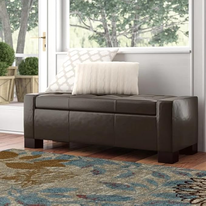Ball & Cast 50.8" Upholstered PU Storage Ottoman with Tufted Waffle Stitch,End Bench w/Uses Pressure Hinges and Wood Legs,Entryway Footrest Stool for Living Room & Bedroom,Brown