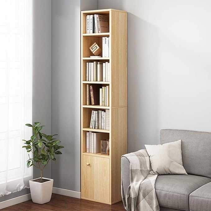 IOTXY Small Narrow Corner Bookcase - 71 Inches Tall Gap Freestanding Storage Cabinet, 7 Lattices Open Shelves Tower Rack with Door, Cubes Bookshelf in Oak