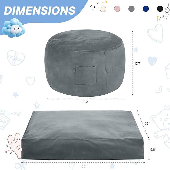 Kids Bean Bag Chair Bed - Convertible Lazy Chair to Floor Mattress with Filler - Small Beanbag Chair for Boys and Girls - Floor Couch Sofa in Bedroom, Classroom, Reading Nook - Charcoal