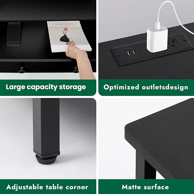 27 Inch Wide Night Stand, Large Wood Night Stand Set 2 with 2 Drawers, LED Nightstand with Charging Station and Adjustable Drawer, Bedside Table for Living Room/Bedroom/Study/Office, Black.