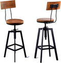 Diwhy Industrial Bar Stool Wood Metal Bar Stool,Adjustable Height Swivel Counter Height Bar Chair with Backrest,Black,Fully Welded Set of 2 (Brown Wooden Top with Wooden Backrest)