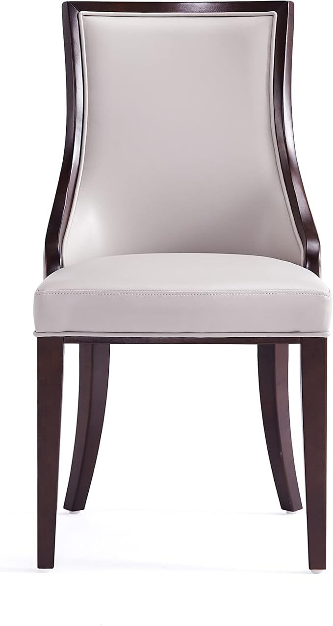 Manhattan Comfort Grand Faux Leather Dining Chairs, Traditional Design with Rectangular Channeling, Solid Beech Wood Frame, Walnut Finish, 300 lb Capacity, Fully Assembled, Set of 6, Light Grey