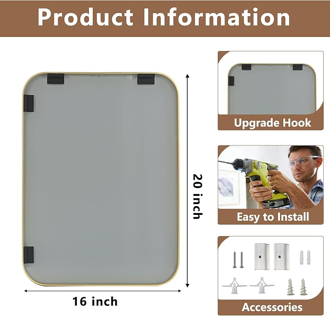 Brushed Gold Mirror, 16"x20" Rectangle Bathroom Mirror, Metal Frame Rectangle Corner Vanity Mirror, Wall Mounted Mirror for Modern, Living Room, Bedroom, Horizontal Or Vertical