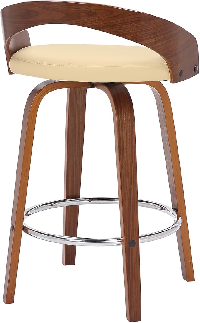 Armen Living Sonia 26" Counter Height Swivel Cream Faux Leather and Walnut Wood Bar Stool - Set of 2