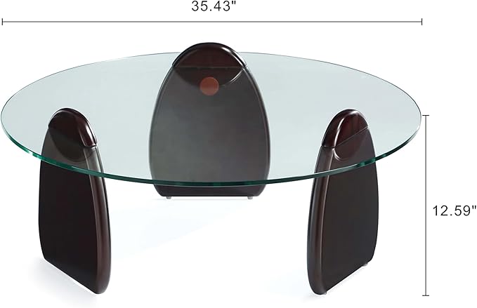 Manhattan Comfort Artesia Round Coffee Table with Sleek Tempered Glass Top, Solid Wood Base, and Contemporary Design, Living Room Accent Furniture for Modern Homes, Centerpiece, Dark Walnut