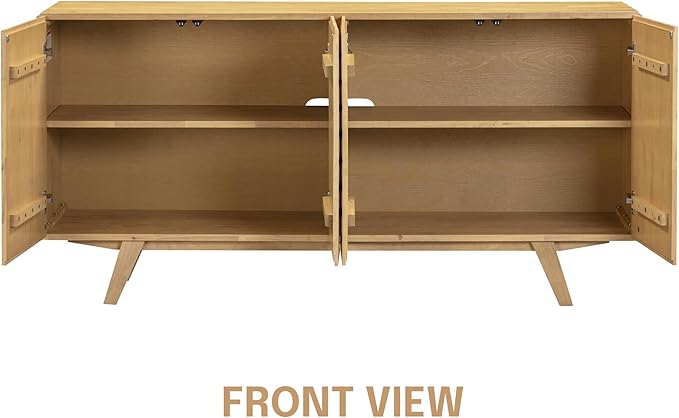 NTC Sapa Mid-Century Modern Solid Wood Sideboard – 4-Door Accent Buffet Cabinet with Carved Geometric Fronts, for Living Room, Dining Room, or Entryway, Effortless Assembly, Sand