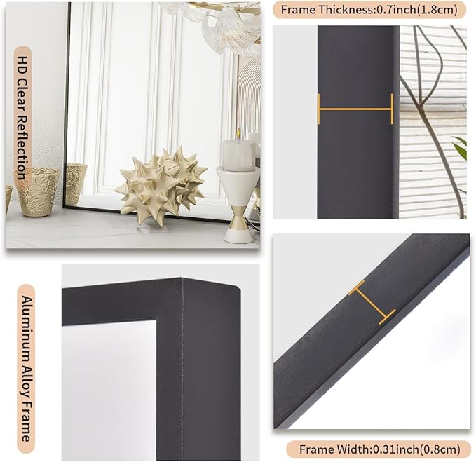 Koonmi Black Mirrors for Wall, 30x60 Inch Bathroom Mirror, Rectangular Wall Mirror for Living Room Bedroom Bathroom, Hangs Horizontally or Vertically