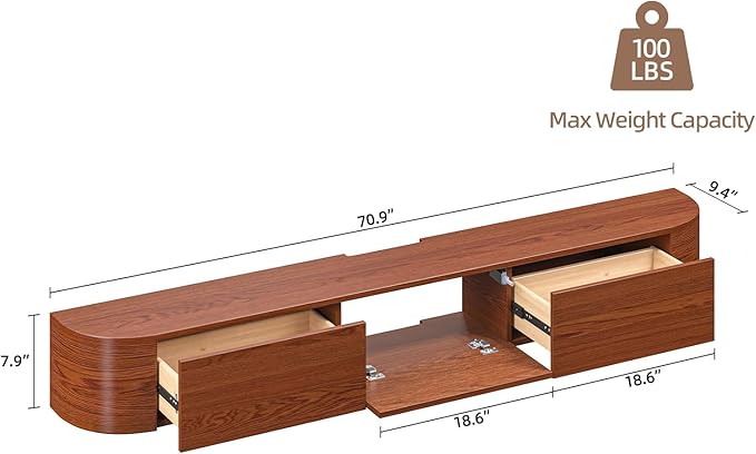 Fully Assembled Floating TV Stand with Drawers, 70IN Vintage Wall Mounted Entertainment Center, Minimalist Large Storage Console Under TV, Solid Wood Media Shelf for Living Room, Bedroom