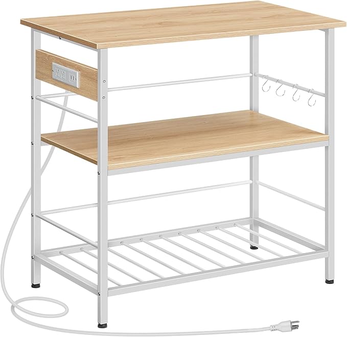 HOOBRO Kitchen Island with Storage, Kitchen Island Table with Power Outlet, 3 Tier Coffee Station and Microwave Stand, for Home, Kitchen and Dining Room, Natural and White WN021ZD01