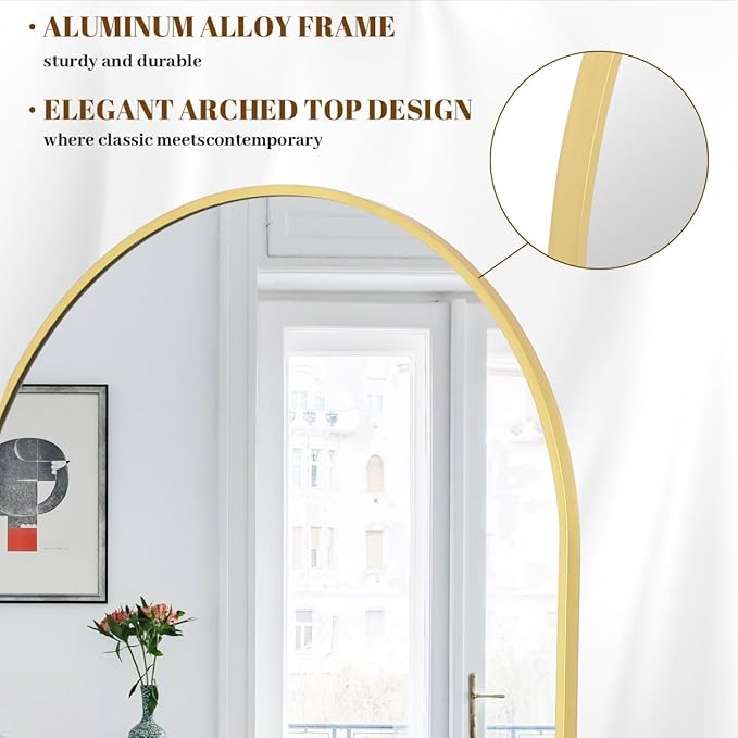 Koonmi 41"x81" Arched Full Length Mirror, Gold Large Floor Mirror with Aluminum Alloy Frame, Standing Hanging or Leaning Wall-Mounted Full Body Mirror for Living Room and Bedroom