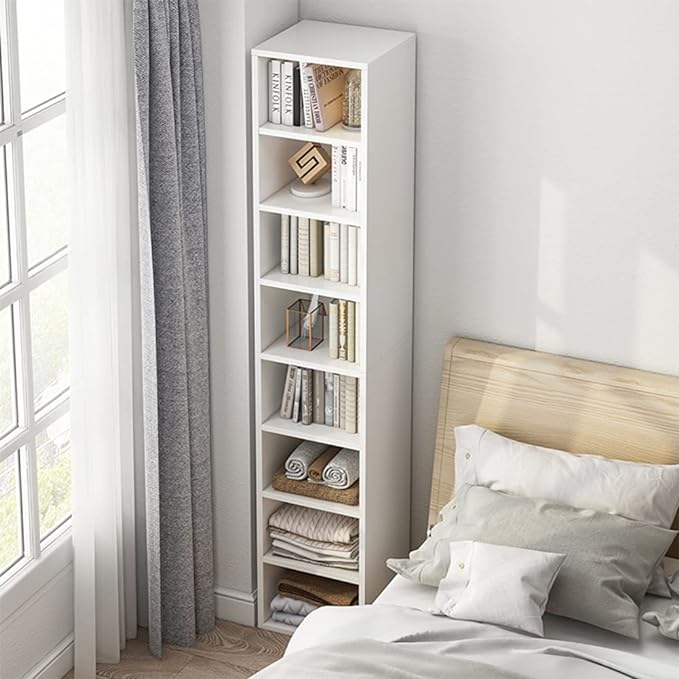 IOTXY Small Narrow Corner Bookcase - 71 Inches Tall Gap Freestanding Storage Cabinet, 7 Lattices Open Shelves Tower Rack with Door, Cubes Bookshelf in Oak