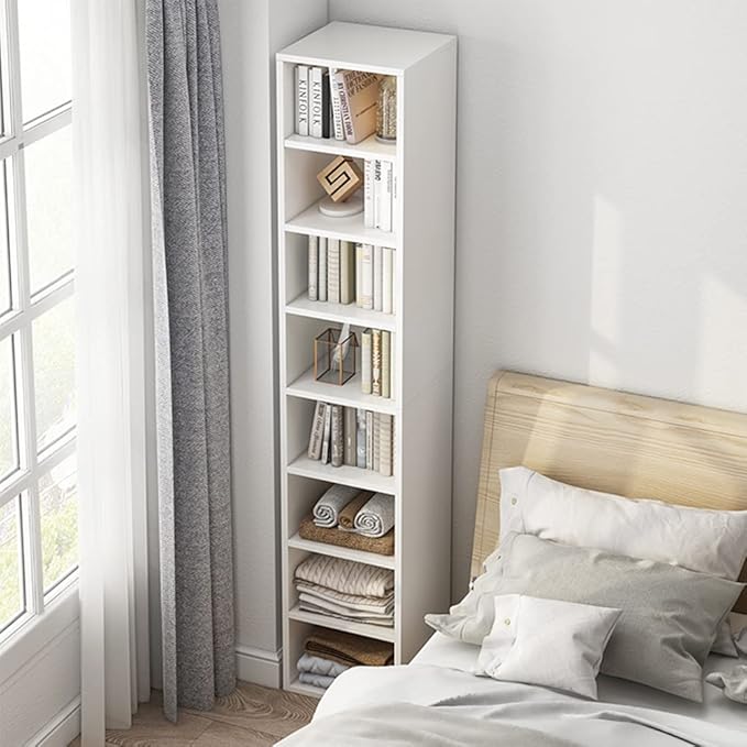 IOTXY Small Narrow Corner Bookcase - 47 Inches Tall Gap Freestanding Storage Cabinet, 4 Lattices Open Shelves Tower Rack with Door, Cubes Bookshelf in White