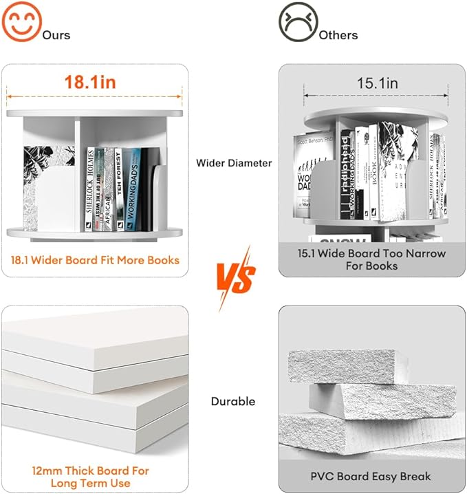 Nidouillet Rotating Bookshelf, Revolving Bookcase 360 Display Round Bookshelf Narrow Swivel Corner Book Shelf Standing Bookcase for Adult Bedroom, Living Room (White, 3 Tier)