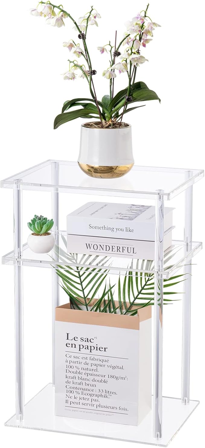 HMYHUM Clear Acrylic Side Table, 3-Tier End Table for Living Room, Small Bedside Table/Nightstand for Bedroom, Home Accent Table, Frame Design, 15.7" L x 11.8" W x 23.2" H