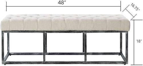 24KF Upholstered Tufted Long Bench with Metal Frame Leg, Linen Bench Ottoman with Padded Seat-Ivory
