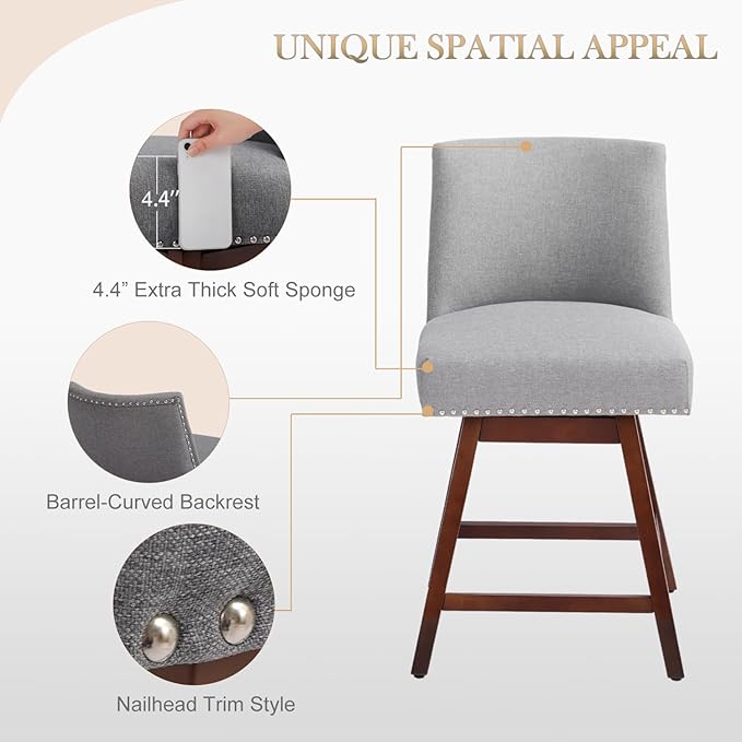 Counter Height Barstools Set of 6,360° Swivel Bar Stools with Back,26 inch Modern Counter barstools,Upholstered Bar Tall Stools for Kitchen Counter,Kitchen Island,Bar, Home (Light Gray, SET OF 6)