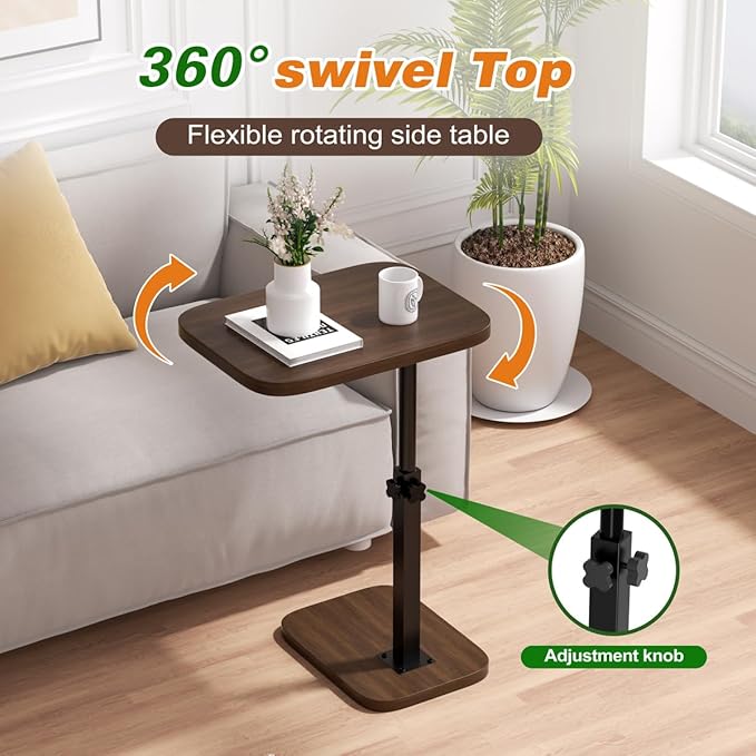 Adjustable Side Table TV Tray, C Shaped End Table, Small Bedside Table, Mid Century Modern Accent Nightstand for Living Room, Bedroom, Corners and Office (Walnut)