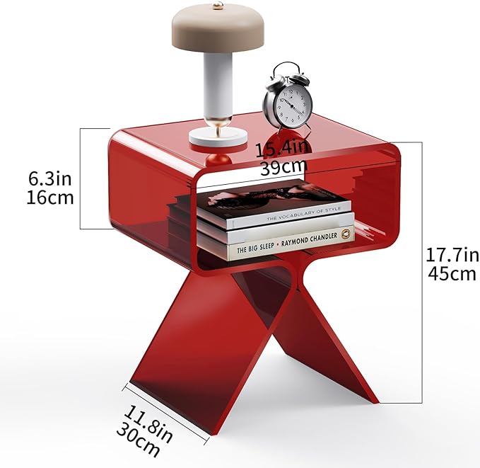 Acrylic Nightstand Side Table Modern Design Clear Home Decor Display End Table for Living Room (Red)