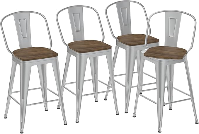 26” Swivel Bar Stools Set of 4, Counter Height Bar Stools Wooden Seat, Metal Industrial Bar Chairs with High Back for Kitchen Island (Silver)