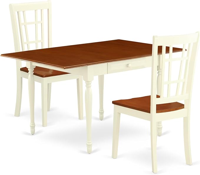 East West Furniture MZNI3-WHI-W 3 Piece Modern Dining Table Set Contains a Rectangle Wooden Table with Dropleaf and 2 Kitchen Dining Chairs, 36x54 Inch, Buttermilk & Cherry