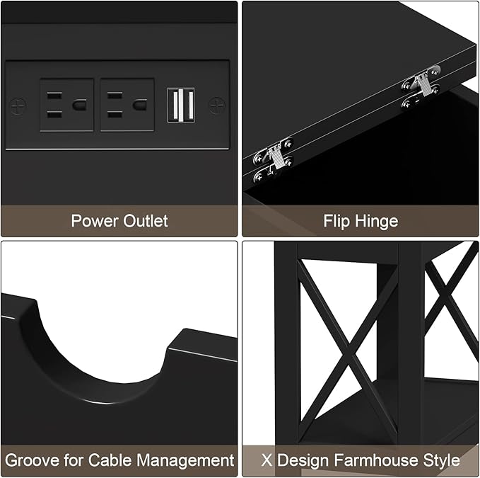 ChooChoo End Table with Charging Station, Narrow Flip Top Side Table with USB Ports & Power Outlets for Small Spaces, Bedside Table with Storage for Living Room, Bedroom, Black