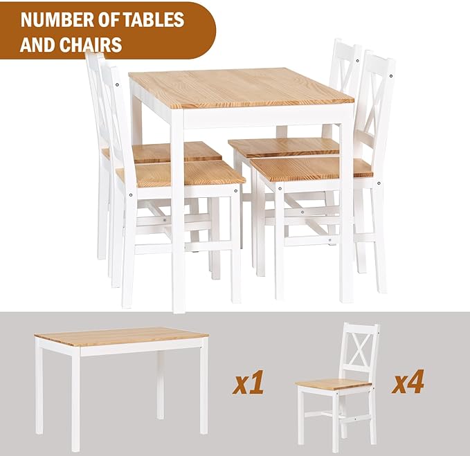 sogesfurniture Dining Table Set for 4，Dinette Set for 4 Small Space,5 Pieces Dining Table for Kitchen, Dining Room 42.5'', Pine Wood,Oak&White