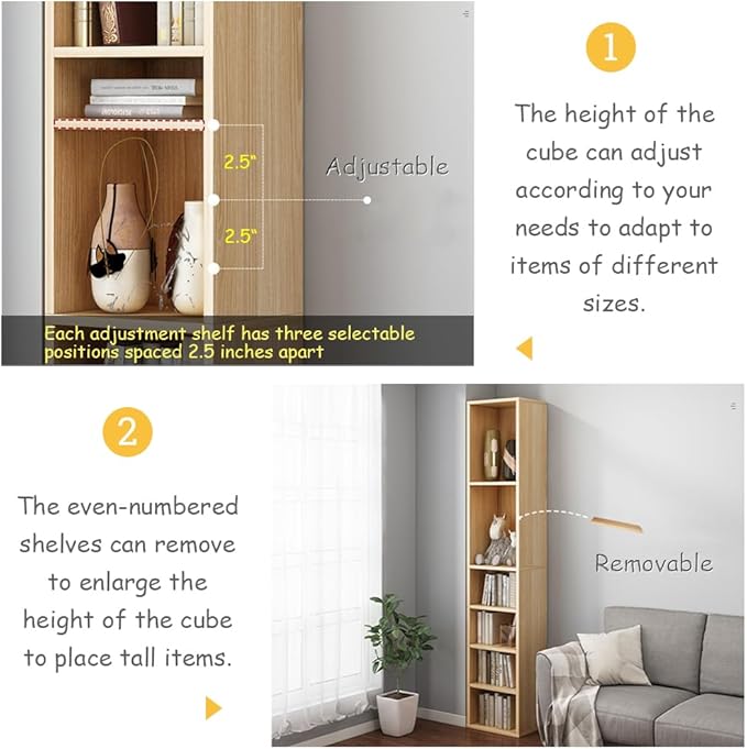 IOTXY Small Narrow Corner Bookcase - 59" Tall Free Standing Gap Storage Cabinet, 6 Lattices Open Shelves Tower Rack with Door, Cubes Bookshelf, White