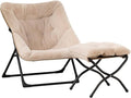 HollyHOME X-Large Saucer Chair with Foldable Ottoman, Comfy Oversized Folding Chair and Folding Footrest Stool Set, Faux-Fur Reading Chair and Footstool for Living Room, Light Khaki Chair&Stool