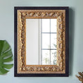 Small French Antique Mirror, 14”x11” Black Vintage Table Mirror for Vanity with Handmade Aging Foil Flower Petal Carvings Wooden Frame (Black and Gold, 14”x11”)