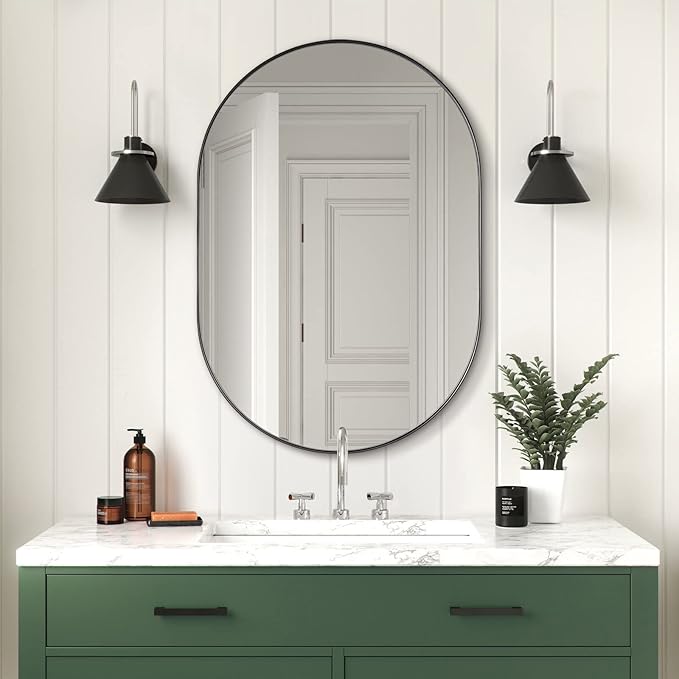 ANDY STAR Black Oval Mirror, 24x36 Oval Black Mirror in Stainless Steel Metal Frame for Bathroom, Entryway, Living Room, Contemporary 1" Deep Set Design Wall Mount Hangs Vertical or Horizontal