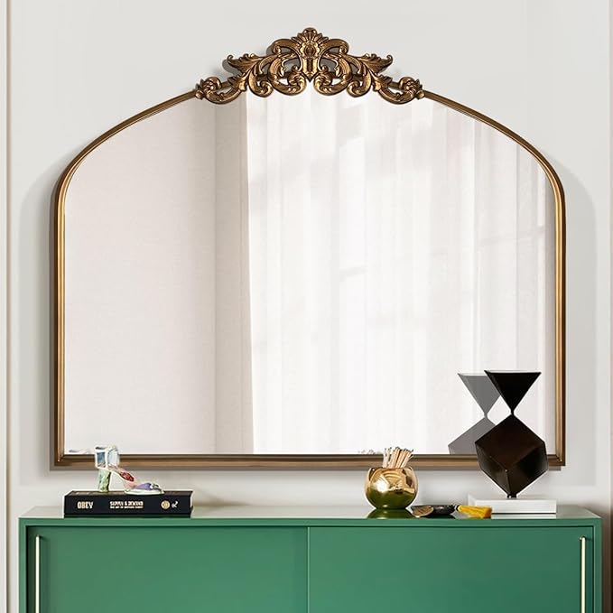 WAMIRRO Ornate Gold Mirror,Vintage Arched Baroque Antique Mirorrs for Living RoomHallwayFireplaceBathroomEntryway 36"X30"