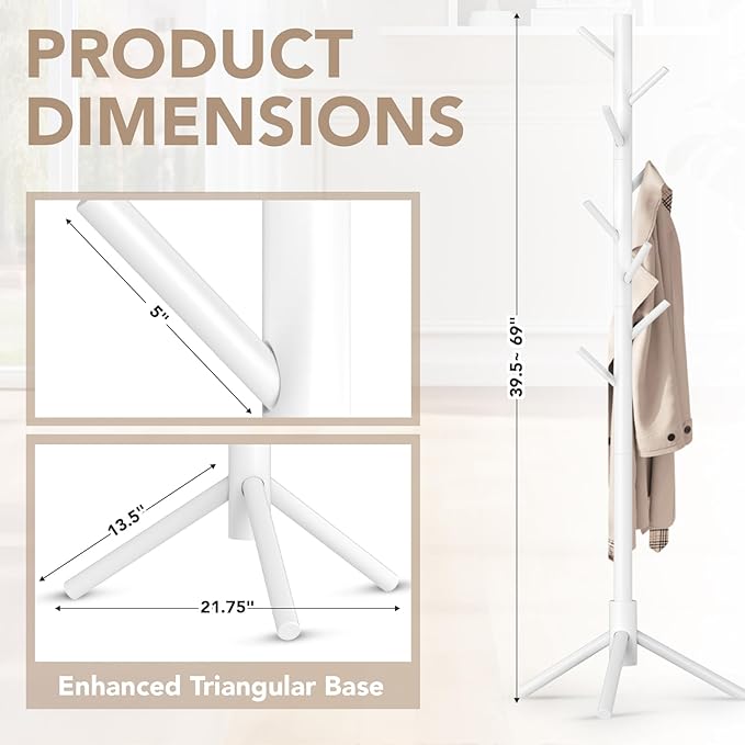 Wooden Tree Coat Rack Stand,Sturdy Freestanding Coat Rack with 8 Hooks,3 Adjustable Height for Child Adult,Wood Coat Stand Tree Fits Entryway Bedroom Office for Bags,Hats
