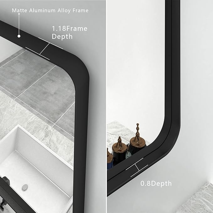 CHAMROR 55x36 Inch Black Metal Framed Bathrrom Mirror for Wall, Black Rounded Rectangle Mirror, Matte Black Bathroom Vanity Mirror, Anti-Rust, Tempered Glass, Hangs Horizontally or Vertically