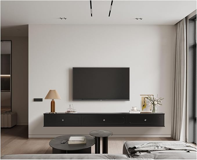 Retro Floating TV Console with 3 Doors,55'' High Gloss Floating TV Stand,Wall Mounted TV Cabinet,Contemporary Floating Media Console for Under TV Storage,Living Room,Bedroom(Black)