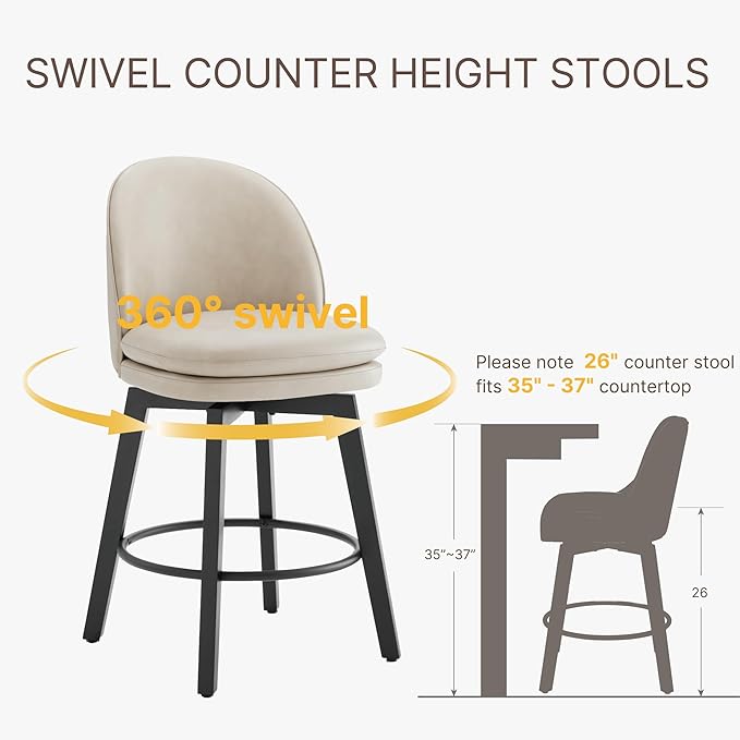 Counter Height Barstools 26 inch Upholstered Swivel Bar Stools with Back and Wood Legs for Kitchen Island,Set of 4,Beige PU Leather-Armless