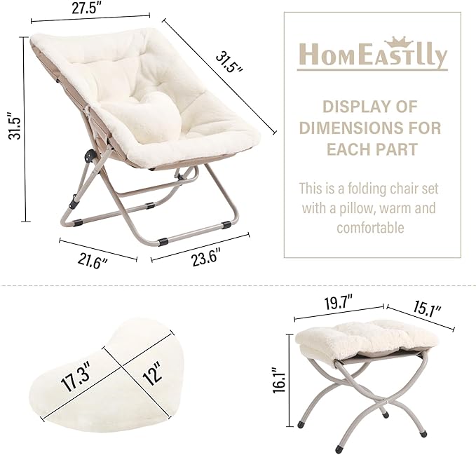 Saucer Chair with Ottoman, Comfy Oversized Folding Chair, Faux-Fur Reading Chair for Adults, Foldable Accent Lazy Chair, Metal Frame Lounge Chair for Living Room, Bedroom, Beige