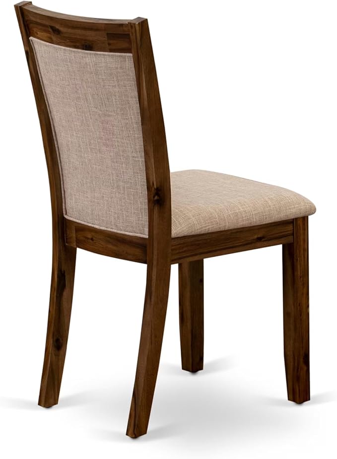 I7MZ7-50N-04 7-Pc Dining Set consists of a Pedestal Dining Table and 6 Light Tan Polyester Fabric Dining Chairs with Padded Back - Antique Walnut Finish