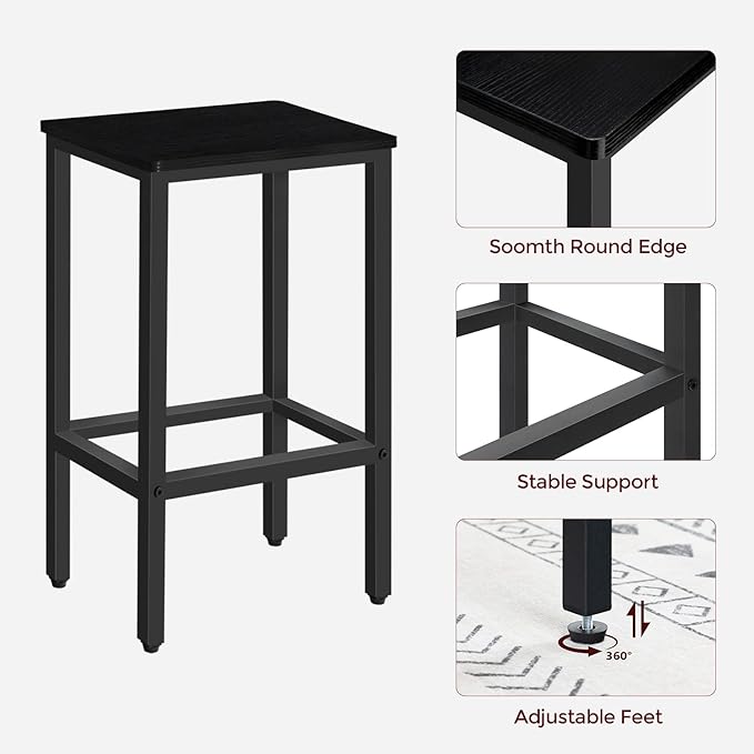 Bar Stools, Set of 2 Bar Chairs with Footrest, 2-Piece Dining Stools, 25.8-Inch Height, Rectangular Industrial Bar Stools, Strong Metal Frame, for Dining Room, Kitchen, Black BAHB0101