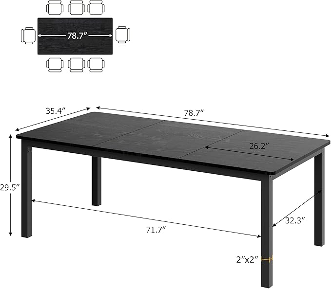 GarveeHome 78.7in Industrial Dining Table for 6, Wooden Long Dinner Table with Mortise Tenon Design, Kitchen Table with Sturdy Metal Legs, for Dining Room Home Office Living Room, Black